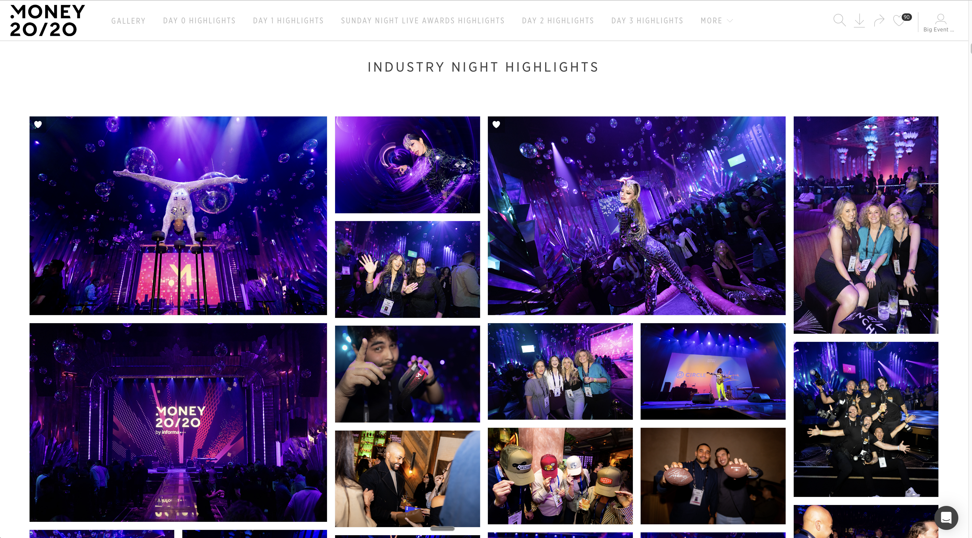 Money 20/20 Pic-Time client gallery on the Industry Night Highlights view, with a curated grid of photos
