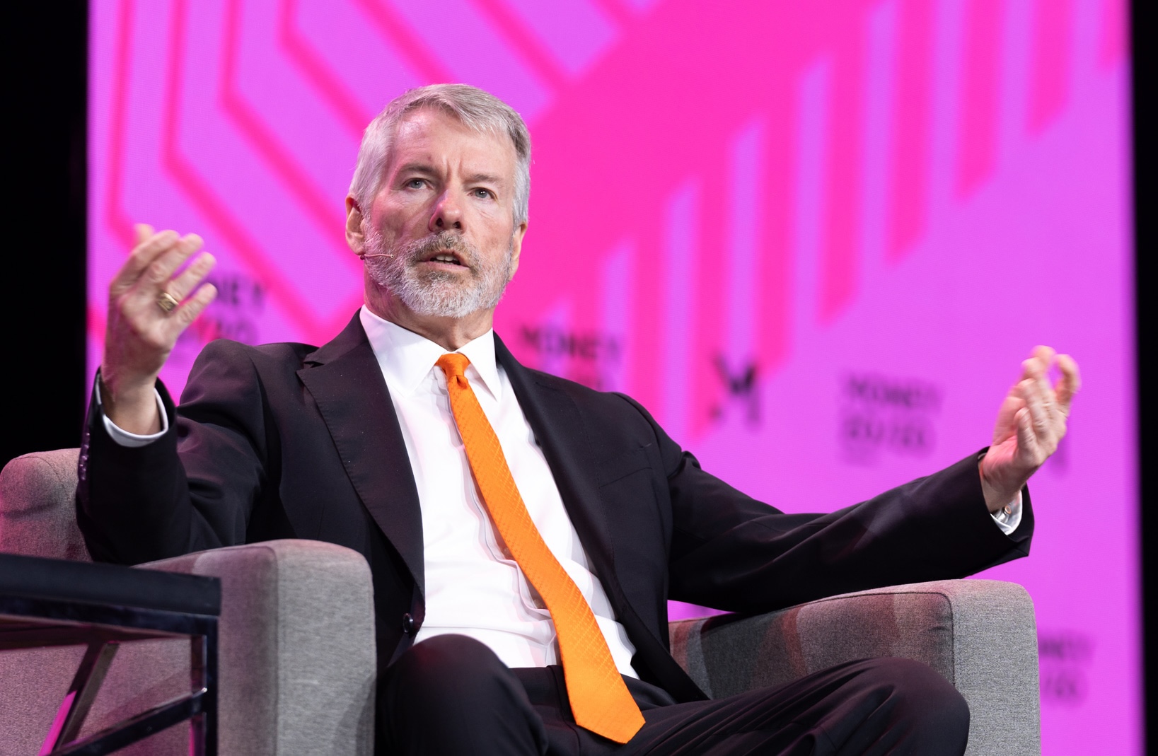 Michael Saylor closeup speaking on the Money 20/20 Main Stage